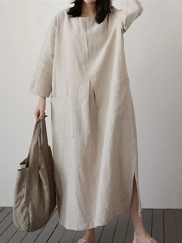 Women's Casual Dress Cotton Linen Dress Maxi Long Dress Linen / Cotton Blend Basic Classic Outdoor Daily Vacation Crew Neck Pocket Split 3/4 Length Sleeve Spring Fall Autumn 2023 Loose Fit Red Apricot 1 Women's Casual Dress Cotton Linen Dress Maxi Long Dress Linen / Cotton Blend Basic Classic Outdoor Daily Vacation Crew Neck Pocket Split 3/4 Length Sleeve Spring Fall Autumn 2023 Loose Fit Red Apricot