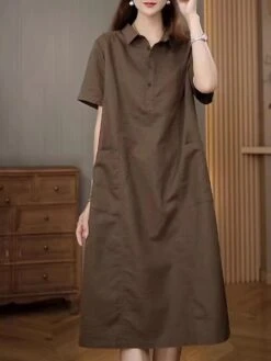 Women's Casual Dress Cotton Linen Dress Midi Dress Polyester Casual Daily Casual Outdoor Home Holiday Shirt Collar Pocket Short Sleeve Summer Spring 2023 Loose Fit Navy Blue Purple Brown Plain M L XL 22 Women's Casual Dress Cotton Linen Dress Midi Dress Polyester Casual Daily Casual Outdoor Home Holiday Shirt Collar Pocket Short Sleeve Summer Spring 2023 Loose Fit Navy Blue Purple Brown Plain M L XL -Cheap Plus Fit Dress Store bqnecg1689763762931