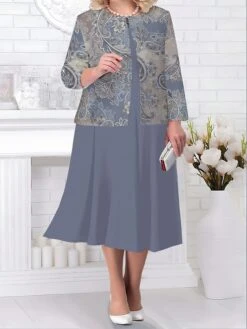 Women's Plus Size Two Piece Dress Set Casual Dress Paisley Dress Outdoor Office Fashion Streetwear Print Midi Dress Crew Neck Long Sleeve Floral Paisley Regular Fit Black Blue Brown Fall Winter L XL -Cheap Plus Fit Dress Store bqufov1693277969922