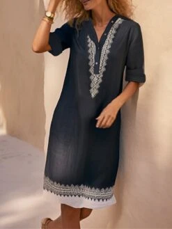 Women's Shirt Dress Casual Dress Cotton Linen Dress Midi Dress Polyester Fashion Casual Daily Outdoor Daily Vacation Shirt Collar Button Print 3/4 Length Sleeve Spring Fall Autumn 2023 Loose Fit Black