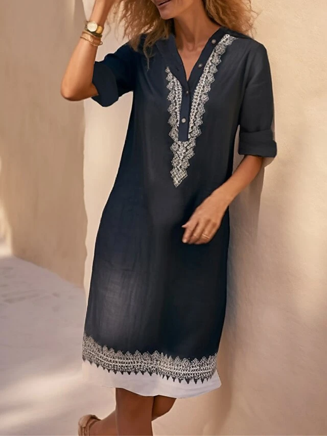 Women's Shirt Dress Casual Dress Cotton Linen Dress Midi Dress Polyester Fashion Casual Daily Outdoor Daily Vacation Shirt Collar Button Print 3/4 Length Sleeve Spring Fall Autumn 2023 Loose Fit Black 1 Women's Shirt Dress Casual Dress Cotton Linen Dress Midi Dress Polyester Fashion Casual Daily Outdoor Daily Vacation Shirt Collar Button Print 3/4 Length Sleeve Spring Fall Autumn 2023 Loose Fit Black