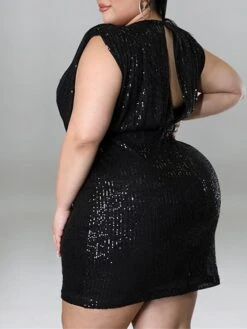 Women‘s Plus Size Curve Party Dress Solid Color V Neck Sequins Short Sleeve Spring Summer Sequins Prom Dress Short Mini Dress Party Back To School Dress Sequin Dress Homecoming Dress -Cheap Plus Fit Dress Store brakng1652866157104