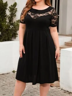 Women's Plus Size Curve Party Dress Lace Dress Semi Formal Dress Solid Color Midi Dress Short Sleeve Lace Crew Neck Fashion Party ArmyGreen Black Fall Winter XL XXL 3XL 4XL -Cheap Plus Fit Dress Store brfvaj1695813610030