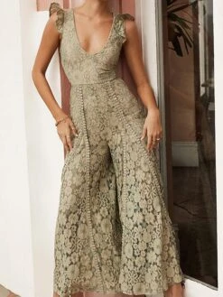 Women's Jumpsuit Lace Ruffle Solid Color V Neck Party Wedding Dressy Street Daily Wide Leg Regular Fit Sleeveless Apricot XS S M Summer -Cheap Plus Fit Dress Store bsezvl1690449251743