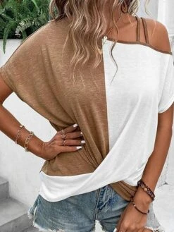 Women's T Shirt Tee Black Green Khaki Color Block Cold Shoulder Print Short Sleeve Daily Weekend Basic One Shoulder Off Shoulder Regular Fit -Cheap Plus Fit Dress Store bsfbhr1687254671223