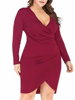 Women‘s Plus Size Curve Work Dress Sheath Dress Semi Formal Dress Fashion Midi Dress Ruched V Neck Long Sleeve Plain Regular Fit Black Wine Blue Fall Winter XL XXL 3XL 4XL 5XL -Cheap Plus Fit Dress Store bslamp1691401444039