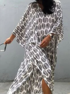 Women's Casual Dress Cotton Linen Dress A Line Dress Maxi Long Dress Polyester Fashion Casual Outdoor Daily Vacation V Neck Print 3/4 Length Sleeve Spring Fall Winter 2023 Loose Fit White Leaf -Cheap Plus Fit Dress Store bsvzzu1692266338633