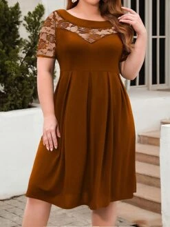 Women's Plus Size Curve Party Dress Lace Dress Semi Formal Dress Solid Color Midi Dress Short Sleeve Lace Crew Neck Fashion Party ArmyGreen Black Fall Winter XL XXL 3XL 4XL -Cheap Plus Fit Dress Store btdwvu1695813614345