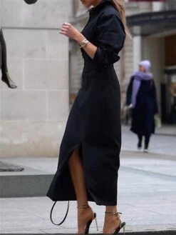 Women's Two Piece Dress Set Shirt Dress Casual Dress Outdoor Office Fashion Basic Button Split Maxi Long Dress Shirt Collar Long Sleeve Plain Loose Fit Black Spring Fall S M L XL 2XL -Cheap Plus Fit Dress Store btocsy1691473350710