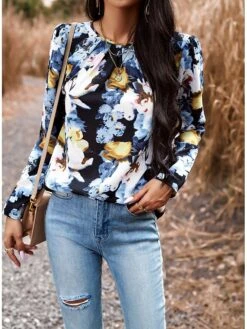 Women's Shirt Blouse Black Red Blue Graphic Floral Print Long Sleeve Casual Holiday Fashion Round Neck Regular Fit Floral Spring &Fall -Cheap Plus Fit Dress Store bugbmu1694084759036