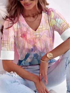 Women's T Shirt Tee Yellow Pink Peach Graphic Print Long Sleeve Daily Weekend Daily Basic Neon & Bright V Neck Regular Fit Painting Fall & Winter -Cheap Plus Fit Dress Store bulpji1690798923228