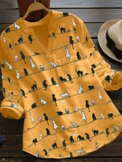 Women's Shirt Blouse Cotton White Yellow Pink Cat Pocket Print Long Sleeve Casual Basic V Neck Regular Fit Spring Fall -Cheap Plus Fit Dress Store bumfqz1686652708280