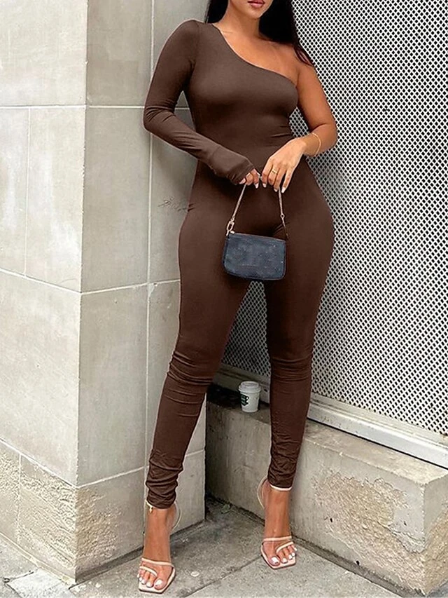 Women's Jumpsuit High Waist Solid Color One Shoulder Streetwear Street Sport Regular Fit Long Sleeve Black Brown Green S M L Fall 7 Women's Jumpsuit High Waist Solid Color One Shoulder Streetwear Street Sport Regular Fit Long Sleeve Black Brown Green S M L Fall - Image 7