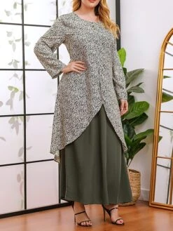 Women's Plus Size Curve Casual Dress A Line Dress Floral Dress Solid Color Floral Long Dress Maxi Dress Long Sleeve Fake Two Piece Crew Neck Fashion Party Green Fall Winter XL XXL 3XL 4XL -Cheap Plus Fit Dress Store bvctqk1695018765348