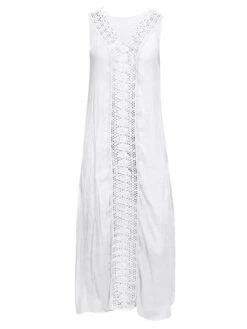 Women's Casual Dress Cotton Linen Dress White Dress Maxi Long Dress Polyester Lace Fashion Daily Weekend V Neck Lace Split Sleeveless Summer 2023 Loose Fit Lake Blue Black White Plain S M L XL 2XL -Cheap Plus Fit Dress Store bvepit1686105100835