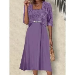 Women's Two Piece Dress Set Party Dress Lace Dress Party Wedding Guest Elegant Modern Lace Patchwork Midi Dress Crew Neck Half Sleeve Floral Plain Regular Fit Pink Blue Purple Summer Spring S M L XL -Cheap Plus Fit Dress Store bvkdrs1687230639382
