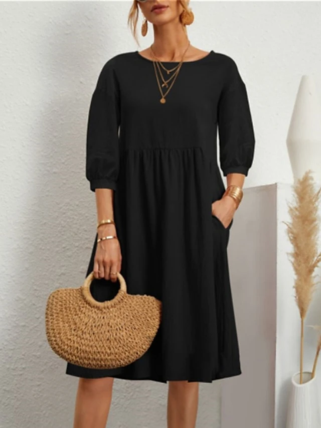 Women's Casual Dress Cotton Dress Midi Dress Cotton Basic Classic Outdoor Daily Vacation Crew Neck Ruched 3/4 Length Sleeve Fall Winter Autumn 2023 Loose Fit ArmyGreen Black White Plain S M L XL 2XL 7 Women's Casual Dress Cotton Dress Midi Dress Cotton Basic Classic Outdoor Daily Vacation Crew Neck Ruched 3/4 Length Sleeve Fall Winter Autumn 2023 Loose Fit ArmyGreen Black White Plain S M L XL 2XL - Image 7