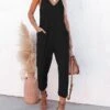 One Piece Jumpsuits For Women Solid Color Patch Pocket V Neck Casual Daily Vacation Regular Fit Sleeveless Black Pink Red S M L Spring