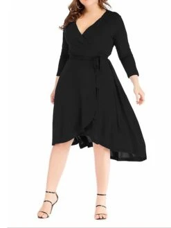 Women's Plus Size Curve Work Dress Black Dress A Line Dress Fashion Midi Dress Lace Up Asymmetrical V Neck 3/4 Length Sleeve Plain Loose Fit Black Blue Fall XL XXL 3XL 4XL 5XL -Cheap Plus Fit Dress Store bwbjti1693203429871