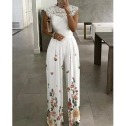Women's Jumpsuit Lace Print Floral Crew Neck Elegant Daily Holiday Straight Regular Fit Sleeveless Beige White S M L Spring