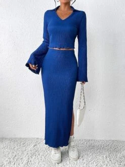 Women's Two Piece Dress Set Skirt Set Swing Dress Home Christmas Punk Work Lace Up Patchwork Long Dress Maxi Dress Crew Neck Long Sleeve Color Block Rainbow Slim Blue Fall Winter S M L XL
