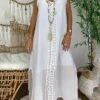 Women's Casual Dress Cotton Linen Dress White Dress Maxi Long Dress Polyester Lace Fashion Daily Weekend V Neck Lace Split Sleeveless Summer 2023 Loose Fit Lake Blue Black White Plain S M L XL 2XL