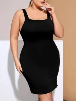Women's Plus Size Curve Party Dress Wedding Guest Dress Sheath Dress Mini Dress Black Sleeveless Pure Color Backless Fall Winter Autumn Square Neck Fashion Wedding Guest Vacation XL XXL 3XL -Cheap Plus Fit Dress Store bwnyvw1692165685461