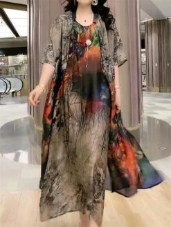 Women's Two Piece Dress Set Casual Dress Swing Dress Daily Holiday Fashion Casual Print Midi Dress Crew Neck Half Sleeve Floral Print Loose Fit Red Blue Orange Summer Spring M L XL XXL 3XL