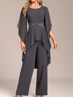 Women's Jumpsuit Solid Color Crew Neck Elegant Wedding Party Wide Leg Regular Fit Long Sleeve Navy Blue Dark Gray S M L All Seasons