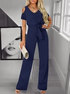 Jumpsuit For Woman High Waist Solid Color V Neck Streetwear Party Office Regular Fit Short Sleeve Black Wine Red S M L Summer