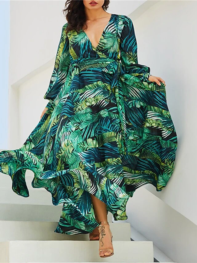 Women's Plus Size A Line Dress Floral V Neck Print Lantern Sleeve Long Sleeve Fall Spring Casual Mumu Maxi Long Dress Daily Holiday Dress 1 Women's Plus Size A Line Dress Floral V Neck Print Lantern Sleeve Long Sleeve Fall Spring Casual Mumu Maxi Long Dress Daily Holiday Dress