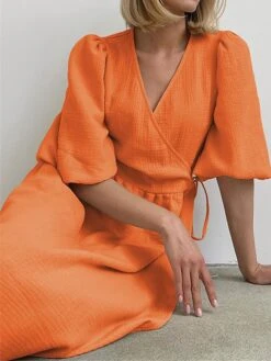 Women's Casual Dress Cotton Linen Dress Wrap Dress Midi Dress Cotton Basic Classic Outdoor Daily Vacation V Neck Lace Up Half Sleeve Spring Fall Autumn 2023 Regular Fit Orange Green Plain S M L 25 Women's Casual Dress Cotton Linen Dress Wrap Dress Midi Dress Cotton Basic Classic Outdoor Daily Vacation V Neck Lace Up Half Sleeve Spring Fall Autumn 2023 Regular Fit Orange Green Plain S M L -Cheap Plus Fit Dress Store bxnjnd1692872419204