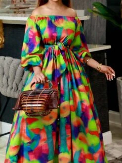 Women‘s Plus Size Curve Casual Dress Swing Dress Graphic Long Dress Maxi Dress Long Sleeve Lace Up Backless Off Shoulder Fashion Holiday Green Summer Spring L XL XXL 3XL -Cheap Plus Fit Dress Store bxyqeg1678095176485