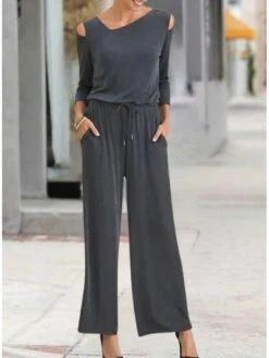 Women's Jumpsuit Solid Color V Neck Business Work Business Straight Regular Fit Long Sleeve Dark Gray S M L Fall