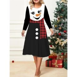 Women's Christmas Plus Size Curve Casual Dress Skater Dress A Line Dress Snowman Snowflake Midi Dress Long Sleeve Print Crew Neck Fashion Outdoor Black White Fall Winter L XL XXL 3XL 4XL -Cheap Plus Fit Dress Store byunmk1695640674438