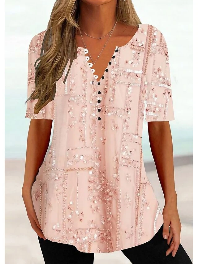 Women's T Shirt Tee Pink Red Beige Color Block Button Print Short Sleeve Daily Weekend Tunic Basic Round Neck Regular Fit Painting 1 Women's T Shirt Tee Pink Red Beige Color Block Button Print Short Sleeve Daily Weekend Tunic Basic Round Neck Regular Fit Painting