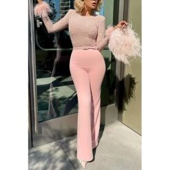 Women's Jumpsuit For Special Occasions Party Solid Color Feather Patchwork Wide Leg Long Sleeve Cocktail Fall -Cheap Plus Fit Dress Store bzfntn1677832676603