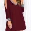 Women‘s Plus Size Curve Party Dress Solid Color V Neck Sequins Long Sleeve Fall Spring Work Casual Sequins Prom Dress Short Mini Dress Casual Daily DressSequin DressHomecoming Dress