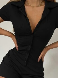 Women's Romper Button Solid Color Shirt Collar Active Street Sport Regular Fit Short Sleeve Black Brown S M L Summer 19 Women's Romper Button Solid Color Shirt Collar Active Street Sport Regular Fit Short Sleeve Black Brown S M L Summer -Cheap Plus Fit Dress Store bzwvjj1639989317890
