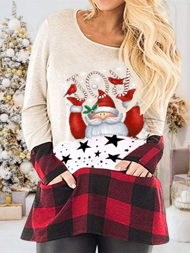 Women's Plus Size Christmas T Shirt Dress Tee Dress Plaid Crew Neck Print Long Sleeve Spring Fall Casual Mini Dress Daily Dress 3 Women's Plus Size Christmas T Shirt Dress Tee Dress Plaid Crew Neck Print Long Sleeve Spring Fall Casual Mini Dress Daily Dress - Image 3