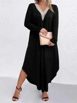Women's Plus Size Curve Casual Dress Swing Dress Black Dress Color Block Midi Dress Long Sleeve Patchwork Asymmetric V Neck Fashion Outdoor Black Fall Winter XL XXL 3XL -Cheap Plus Fit Dress Store cadonb1694660804558