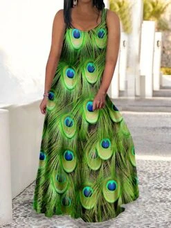 Women‘s Plus Size Curve Casual Dress Swing Dress Strap Dress Peacock Feather Long Dress Maxi Dress Sleeveless Print Strap Romantic Daily Deep Green Multicolor Summer Spring L XL XXL 3XL 4XL -Cheap Plus Fit Dress Store cafeoz1679902283120