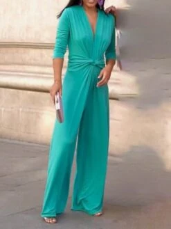 Women's Jumpsuit High Waist Solid Color V Neck Streetwear Street Daily Regular Fit Long Sleeve Light Green Red Navy Blue S M L Spring -Cheap Plus Fit Dress Store caomqi1688621610663