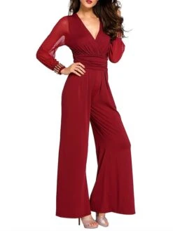 Women's Jumpsuit Patchwork Solid Color Deep V Streetwear Street Daily Regular Fit Long Sleeve Black Red Blue S M L Fall -Cheap Plus Fit Dress Store cauzov1695368346394