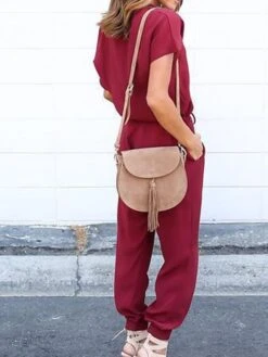 Black Jumpsuit For Women Lace Up Patch PocketSolid Color V Neck Streetwear Daily Vacation Loose Fit Short Sleeve Wine Blue S M L Spring -Cheap Plus Fit Dress Store cavtof1676363688052