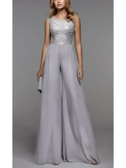 Women‘s Jumpsuit Patchwork Print Solid Color Crew Neck Wedding Elegant Daily Weekend Wide Leg Regular Fit Sleeveless Silver S M L Spring