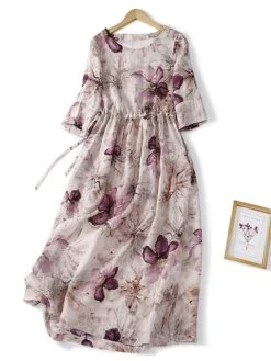 Women's Casual Dress Cotton Linen Dress Midi Dress Cotton Fashion Casual Outdoor Daily Vacation Crew Neck Pocket Print 3/4 Length Sleeve Spring Fall Autumn 2023 Loose Fit Pink Floral M L XL 2XL