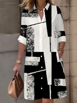 Women's Shirt Dress Casual Dress Midi Dress Outdoor Office Daily Polyester Fashion Modern Shirt Collar Button Pocket Long Sleeve Fall Winter 2023 Loose Fit Black Geometric Plaid Color Block S M L XL