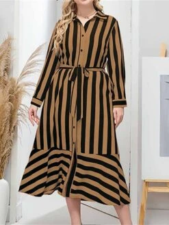 Women's Plus Size Curve Shirt Dress Casual Dress Midi Dress Outdoor Daily Vacation Polyester Fashion Classic Shirt Collar Lace Up Button Long Sleeve Spring Fall Winter Loose Fit Yellow Striped L XL