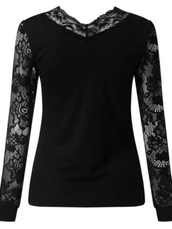 Women's Blouse Cotton Black Red Navy Blue Plain Lace Long Sleeve Daily Weekend Streetwear Basic V Neck Regular Fit Spring Fall Winter -Cheap Plus Fit Dress Store ccitxq1634963481653